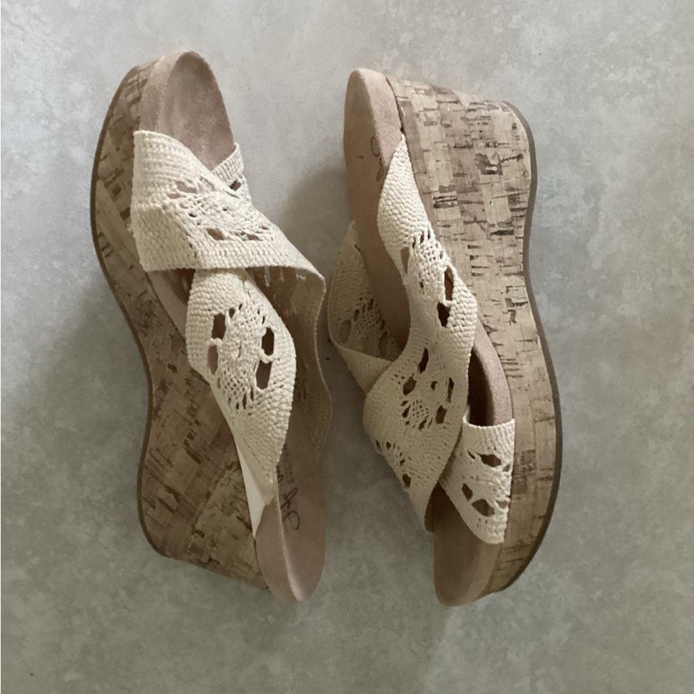 Life Stride Donna macramé wedge sandals EUC Sz 7 cork heel cushion footbed - Picture 7 of 11